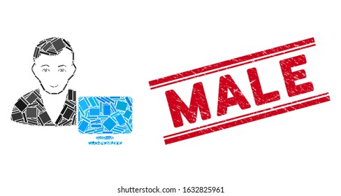 Mosaic computer user pictogram and red Male seal stamp between double parallel lines. Flat vector computer user mosaic pictogram of randomized rotated rectangular items.