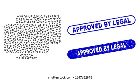 Mosaic computers and distressed stamp seals with Approved by Legal text. Mosaic vector computers is formed with scattered elliptic elements. Approved by Legal stamp seals use blue color,