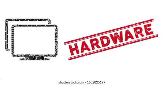 Mosaic computers icon and red Hardware seal stamp between double parallel lines. Flat vector computers mosaic pictogram of scattered rotated rectangle elements.