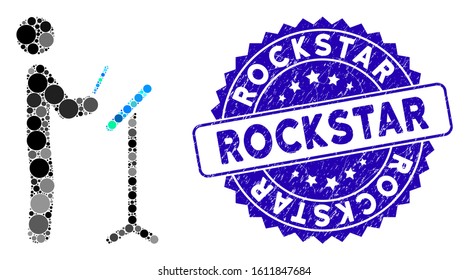 Mosaic concert conductor icon and corroded stamp seal with Rockstar text. Mosaic vector is composed with concert conductor icon and with scattered round spots. Rockstar stamp seal uses blue color,