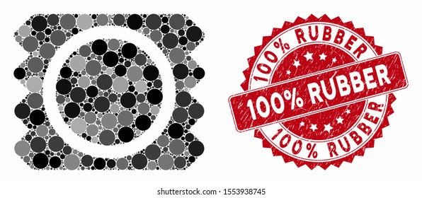 Mosaic condom package and corroded stamp watermark with 100% Rubber text. Mosaic vector is composed with condom package icon and with randomized spheric spots. 100% Rubber stamp uses red color,