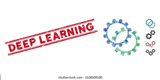 Mosaic configuration gears pictogram and red Deep Learning rubber print between double parallel lines. Flat vector configuration gears mosaic icon of randomized rotated rectangle elements.