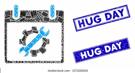 Mosaic configuration tools calendar day icon and rectangle Hug Day stamps. Flat vector configuration tools calendar day mosaic pictogram of randomized rotated rectangle items.