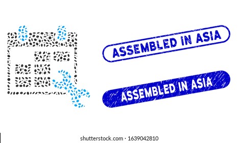 Mosaic configure timetable and corroded stamp seals with Assembled in Asia caption. Mosaic vector configure timetable is created with scattered ellipse elements.