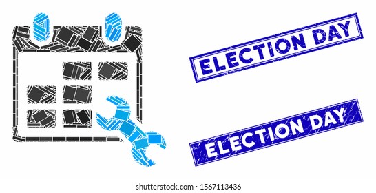 Mosaic configure timetable pictogram and rectangle seal stamps. Flat vector configure timetable mosaic pictogram of randomized rotated rectangle items. Blue caption seal stamps with distress textures.