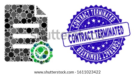 Mosaic confirmation document icon and distressed stamp seal with Contract Terminated text. Mosaic vector is composed with confirmation document icon and with scattered spheric spots.