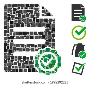 Mosaic Confirmation document icon organized from square items in variable sizes and color hues. Vector square items are composed into abstract mosaic confirmation document icon. Bonus icons are placed