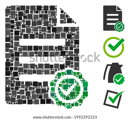Mosaic Confirmation document icon organized from square items in variable sizes and color hues. Vector square items are composed into abstract mosaic confirmation document icon. Bonus icons are placed