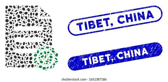 Mosaic confirmation document and rubber stamp seals with Tibet, China text. Mosaic vector confirmation document is composed with scattered ellipse dots. Tibet, China stamp seals use blue color,