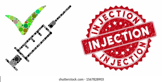 Mosaic confirmed injection and grunge stamp watermark with Injection phrase. Mosaic vector is created with confirmed injection icon and with random spheric items. Injection seal uses red color,