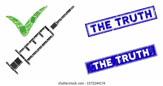 Mosaic confirmed injection pictogram and rectangular The Truth watermarks. Flat vector confirmed injection mosaic pictogram of random rotated rectangular elements.