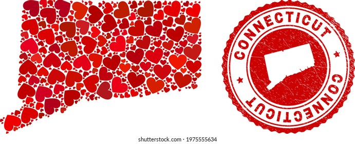 Mosaic Connecticut State map formed with red love hearts, and rubber seal. Vector lovely round red rubber seal imitation with Connecticut State map inside.