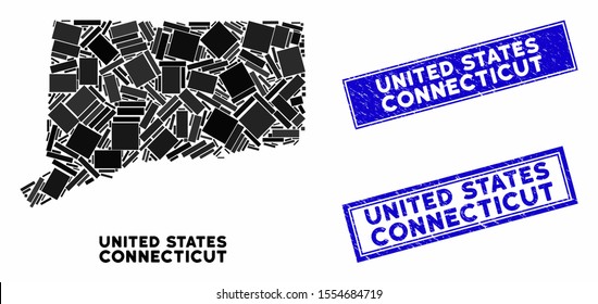 Mosaic Connecticut State map and rectangle seal stamps. Flat vector Connecticut State map mosaic of randomized rotated rectangle items. Blue caption seal stamps with dirty textures.
