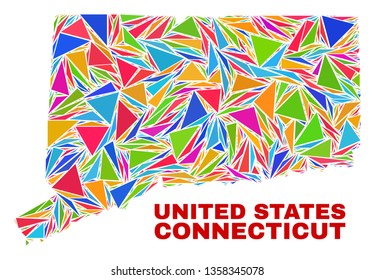 Mosaic Connecticut State map of triangles in bright colors isolated on a white background. Triangular collage in shape of Connecticut State map. Abstract design for patriotic purposes.