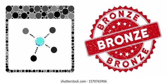 Mosaic connections calendar page and corroded stamp seal with Bronze phrase. Mosaic vector is composed with connections calendar page icon and with scattered circle items.