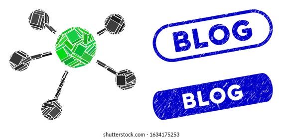 Mosaic connections and corroded stamp seals with Blog phrase. Mosaic vector connections is designed with random rectangle items. Blog stamps use blue color, and have round rectangle shape.