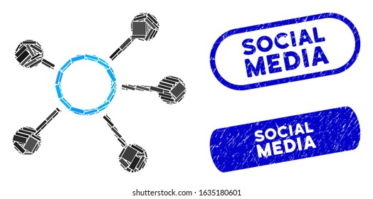Mosaic connections and corroded stamp seals with Social Media caption. Mosaic vector connections is created with randomized rectangle items. Social Media stamp seals use blue color,
