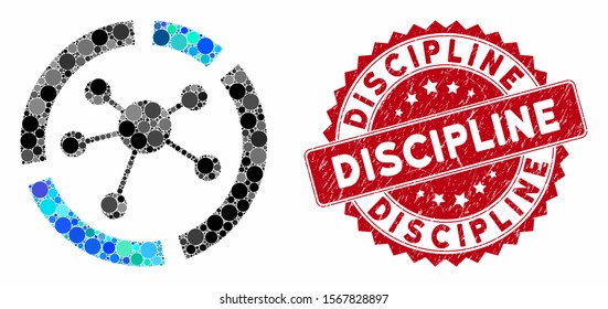Mosaic connections diagram and distressed stamp seal with Discipline text. Mosaic vector is created with connections diagram icon and with scattered circle elements.