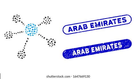 Mosaic connections and distressed stamp seals with Arab Emirates text. Mosaic vector connections is designed with random oval spots. Arab Emirates stamp seals use blue color,