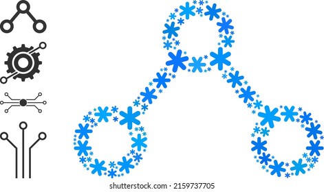 Icono de conexiones de mosaico se crea para invierno, Año Nuevo, Navidad. El mosaico de iconos de conexiones se forma con copos de nieve azul claro. Se agregan algunos iconos similares.