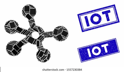 Mosaic connections icon and rectangle seal stamps. Flat vector connections mosaic icon of scattered rotated rectangle items. Blue caption stamps with distress texture.