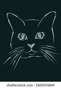 Mosaic of a contour funny cat's head in muted green-gray hues isolated on the black background, decoration on glass for children
