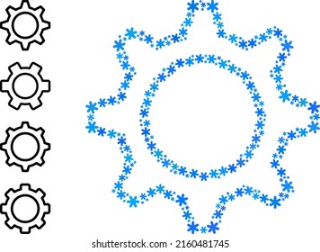 Icono de equipo de contorno mosaico está construido para invierno, Año Nuevo, Navidad. El mosaico de iconos del icono del engranaje de contorno se compone de iconos de nieve azul claro. Se agregan algunos iconos similares.