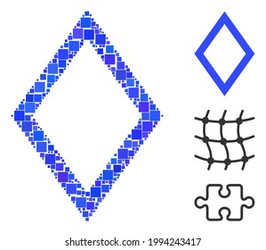 Mosaic Contour rhombus icon designed from square items in variable sizes and color hues. Vector square items are arranged into abstract mosaic contour rhombus icon. Bonus pictograms are placed.