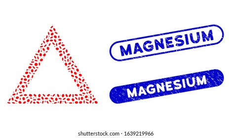 Mosaic contour triangle and rubber stamp seals with Magnesium caption. Mosaic vector contour triangle is composed with random elliptic spots. Magnesium stamp seals use blue color,