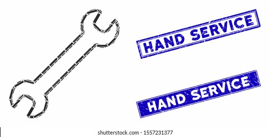 Mosaic contour wrench icon and rectangular seal stamps. Flat vector contour wrench mosaic pictogram of random rotated rectangle elements. Blue caption seal stamps with rubber surface.