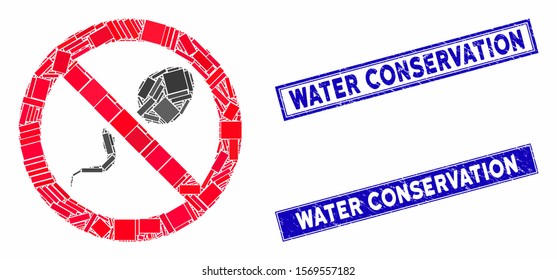 Mosaic contraception pictogram and rectangle rubber prints. Flat vector contraception mosaic pictogram of random rotated rectangle items. Blue caption rubber seals with grunged textures.