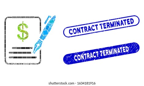 Mosaic contract and grunge stamp watermarks with Contract Terminated text. Mosaic vector contract is created with randomized rectangle items. Contract Terminated stamp seals use blue color,