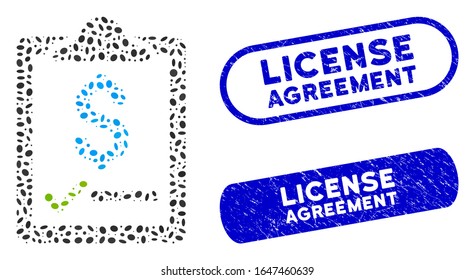 Mosaic contract and rubber stamp seals with License Agreement caption. Mosaic vector contract is designed with random ellipse parts. License Agreement seals use blue color,