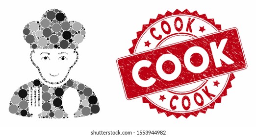 Mosaic cook and distressed stamp seal with Cook text. Mosaic vector is composed with cook icon and with randomized circle spots. Cook stamp seal uses red color, and grunged design.