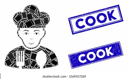 Mosaic cook pictogram and rectangle seal stamps. Flat vector cook mosaic pictogram of scattered rotated rectangular items. Blue caption rubber stamps with distress textures.