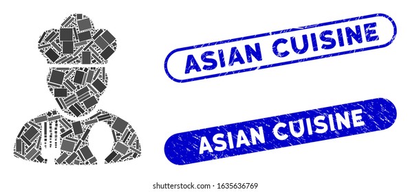 Mosaic cook profession and grunge stamp watermarks with Asian Cuisine caption. Mosaic vector cook profession is composed with scattered rectangle items. Asian Cuisine seals use blue color,