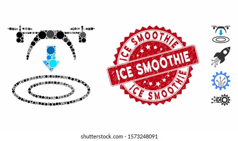 Mosaic copter arrival icon and distressed stamp seal with Ice Smoothie text. Mosaic vector is composed with copter arrival icon and with scattered circle items. Ice Smoothie stamp seal uses red color,