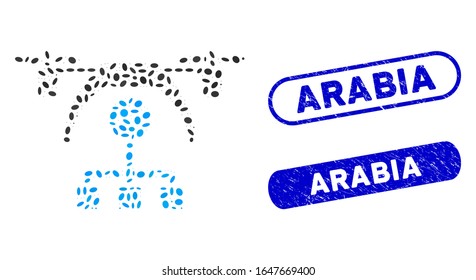 Mosaic copter distribution scheme and distressed stamp watermarks with Arabia phrase. Mosaic vector copter distribution scheme is created with randomized ellipse elements.