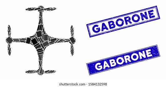 Mosaic copter icon and rectangle Gaborone rubber prints. Flat vector copter mosaic icon of random rotated rectangle items. Blue Gaborone watermarks with grunge surface.