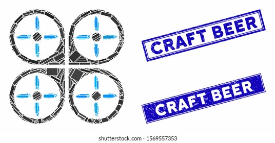 Mosaic copter icon and rectangle watermarks. Flat vector copter mosaic icon of randomized rotated rectangle elements. Blue caption watermarks with scratched surface.