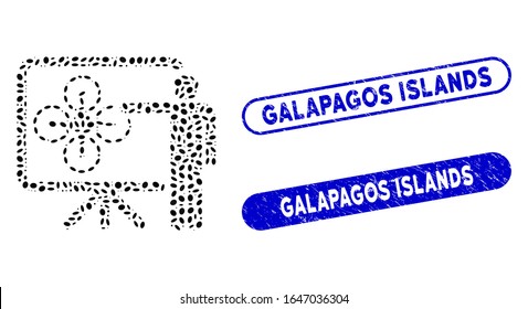 Presentación de cobre mosaico y sellos corroídos con la frase Islas Galápagos. La presentación de cobre vectorial mosaico se compone de partes elípticas aleatorias.
