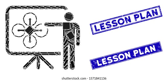 Mosaic copter presentation pictogram and rectangle Lesson Plan seal stamps. Flat vector copter presentation mosaic pictogram of random rotated rectangle elements.