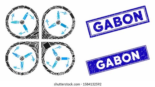 Mosaic copter screws rotation icon and rectangular Gabon seal stamps. Flat vector copter screws rotation mosaic icon of randomized rotated rectangular elements.