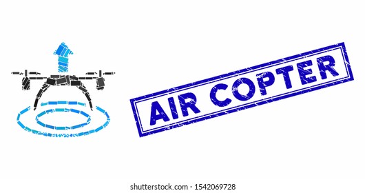 Mosaic copter start and rubber stamp seal with Air Copter text. Mosaic vector copter start is designed with randomized rectangle items. Air Copter stamp seal uses blue color.