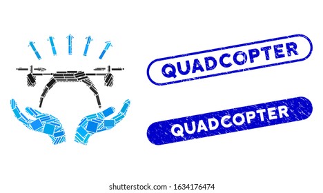 Mosaic copter startup and corroded stamp seals with Quadcopter text. Mosaic vector copter startup is composed with randomized rectangle items. Quadcopter stamp seals use blue color,