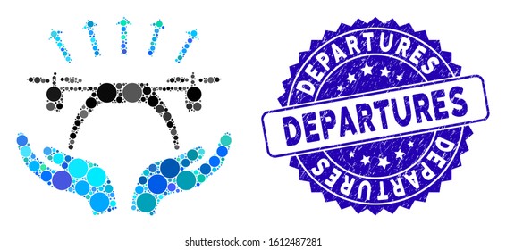 Mosaic copter startup icon and corroded stamp watermark with Departures text. Mosaic vector is composed with copter startup icon and with randomized spheric items. Departures stamp uses blue color,