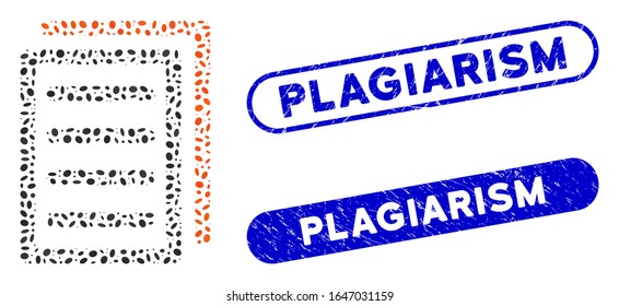 Mosaic copy document and corroded stamp seals with Plagiarism text. Mosaic vector copy document is composed with random oval pieces. Plagiarism stamp seals use blue color,