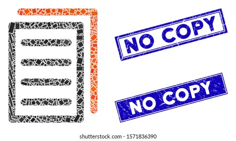 Mosaic copy document icon and rectangle No Copy seal stamps. Flat vector copy document mosaic icon of randomized rotated rectangle items. Blue No Copy rubber stamps with corroded textures.