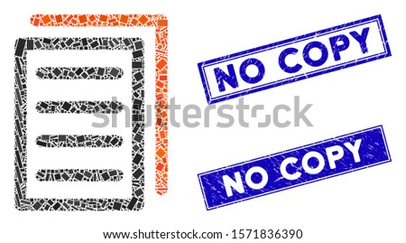 Mosaic copy document icon and rectangle No Copy seal stamps. Flat vector copy document mosaic icon of randomized rotated rectangle items. Blue No Copy rubber stamps with corroded textures.