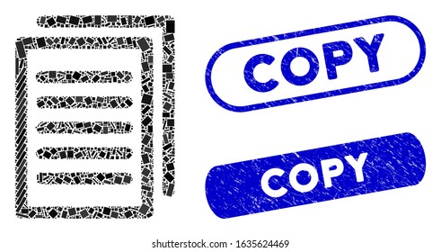 Mosaic copy and grunge stamp seals with Copy phrase. Mosaic vector copy is composed with randomized rectangle items. Copy seals use blue color, and have round rectangle shape.